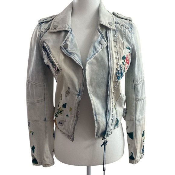 Blank NYC Floral Embroidered Denim Motto Style Jacket with Metal Details Size XS
